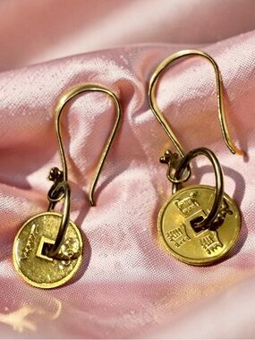 Reserved Solid 22kt Gold Coin Drop Earrings -  14kt links 22kt hooks